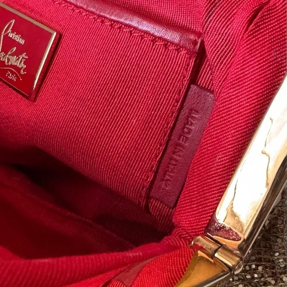 Christian Louboutin Gold Metallic Pleated Clutch Bag Sunburst Crown Frame Luxury